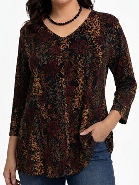 Sarah Bentley 3X Floral Print Boho Knit Tunic V Neck Top